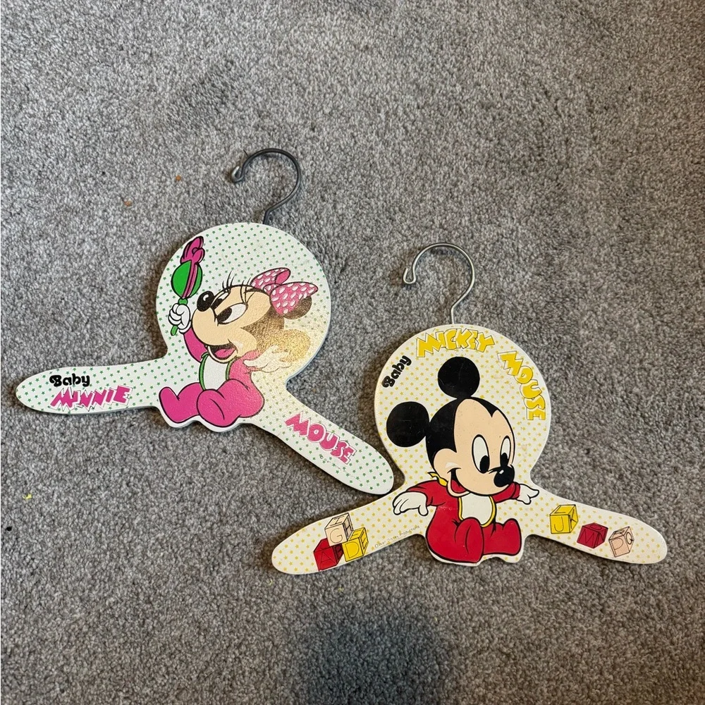 RARE 1985 Disney Babies Mickey & Minnie Wood Baby Hangers Set | USA Made
